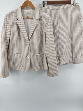 Y2K Studio Works Cream Brown Striped Tailored Blazer Bermuda Shorts Set Sz 10-12